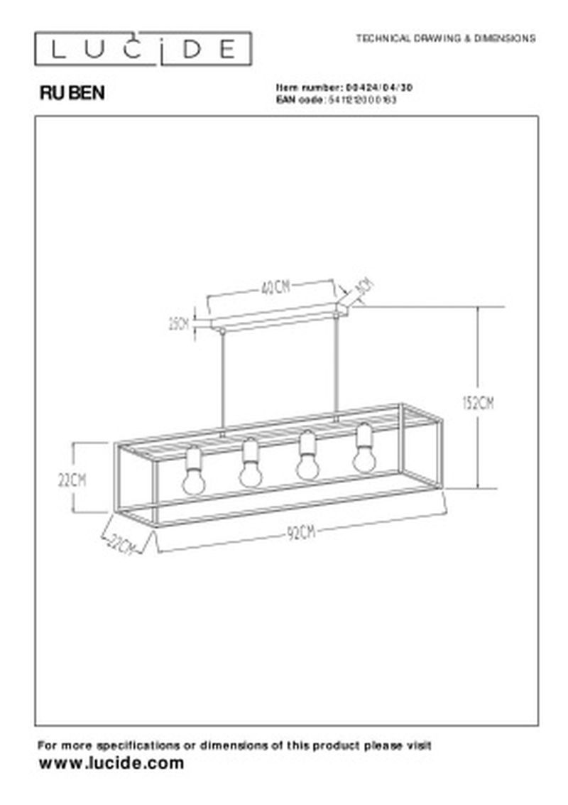 Lucide RUBEN - Závesné svietidlo - 4xE27 - Čierne